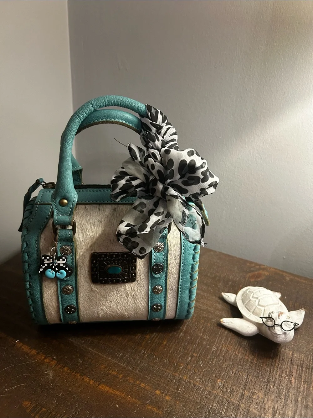 Turquoise Accent Mini Satchel Handbag with Animal Print Scarf